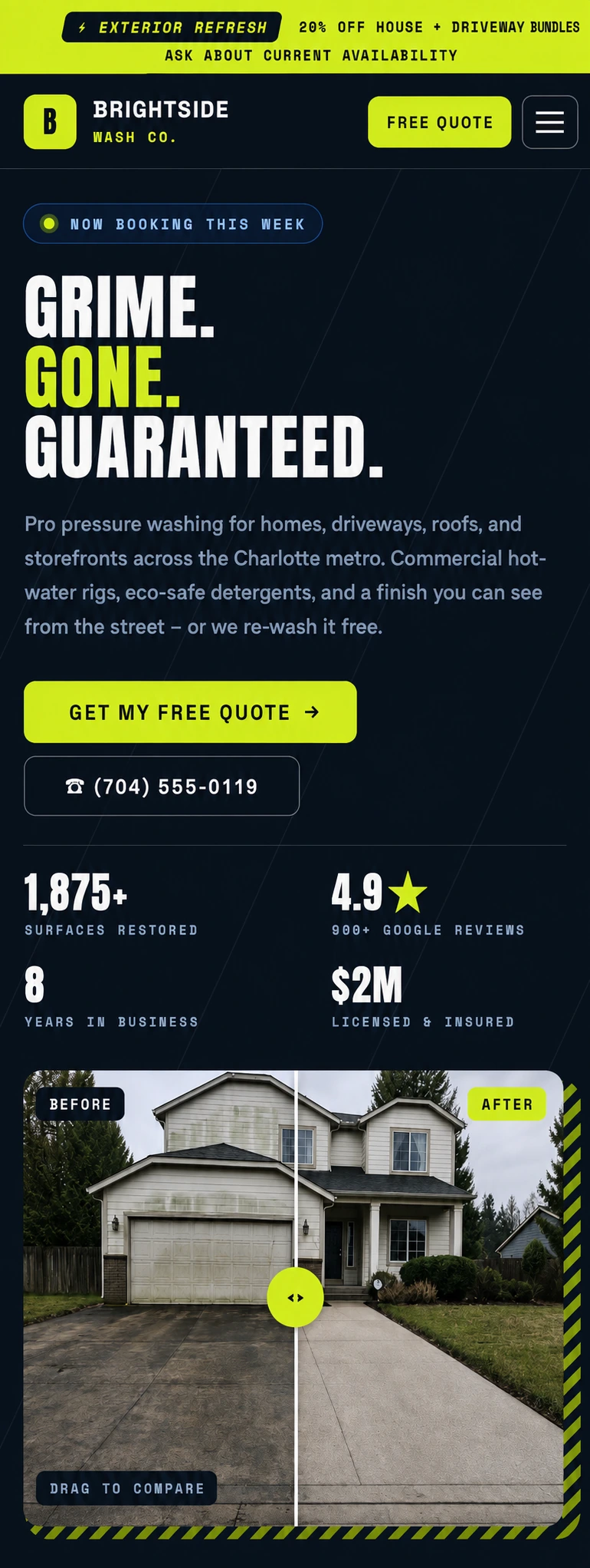 Brightside Wash Co. website homepage on mobile