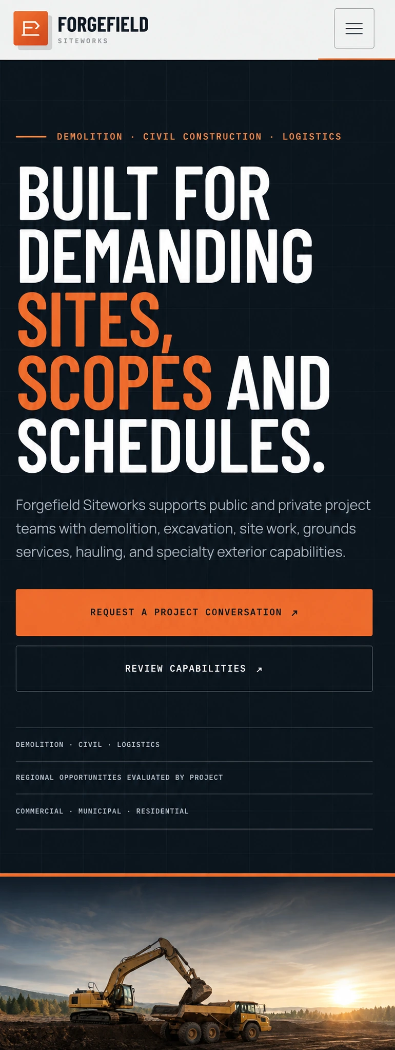 Forgefield Siteworks website homepage on mobile