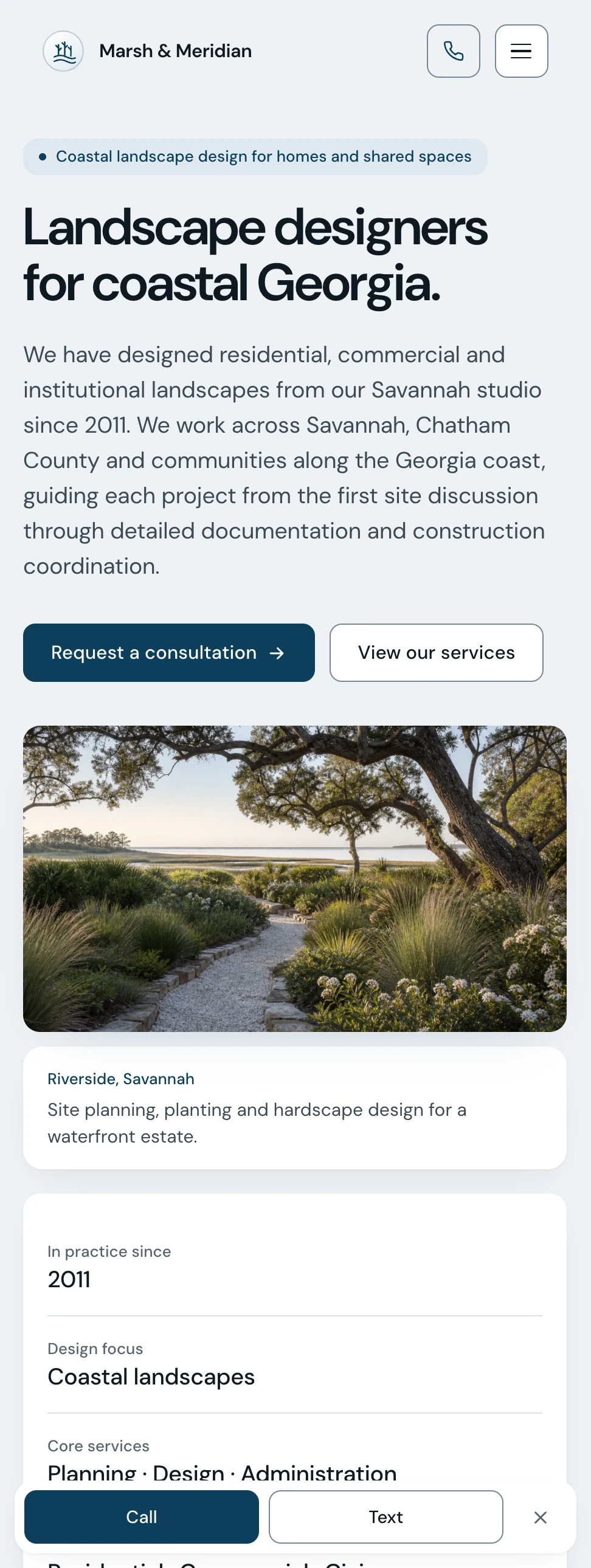 Marsh and Meridian Landscape Studio website homepage on mobile