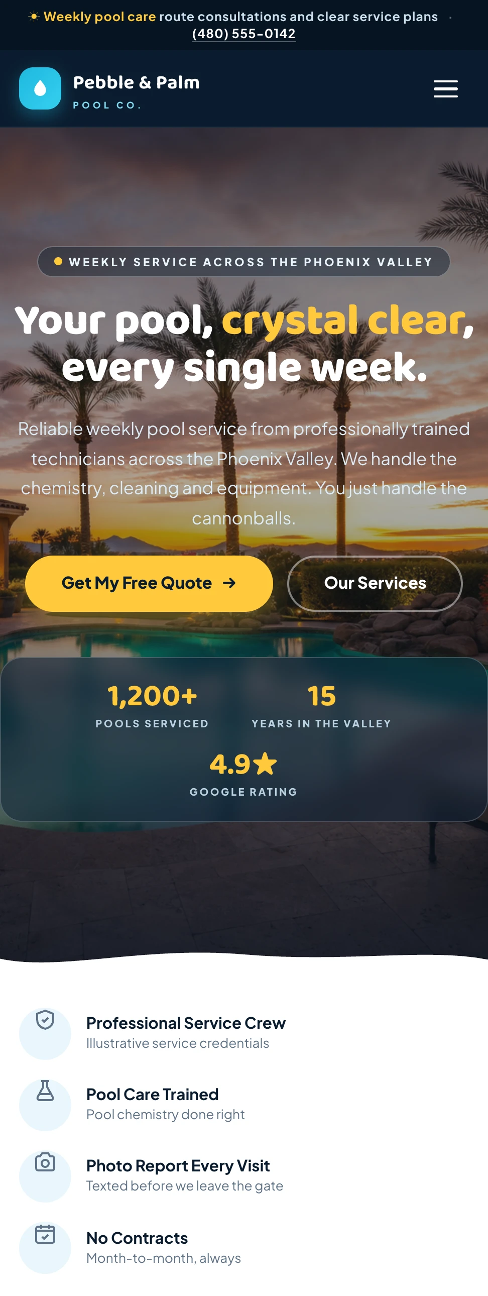 Pebble and Palm pool service website homepage on mobile