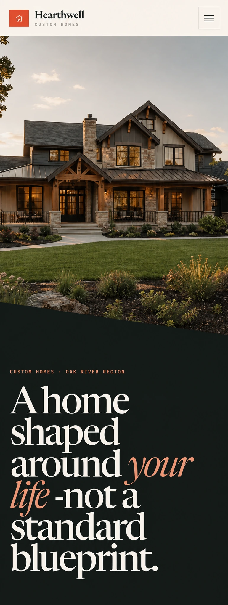 Hearthwell Custom Homes website homepage on mobile