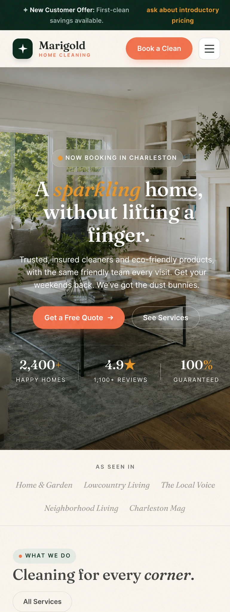 Marigold Home Cleaning website homepage on mobile