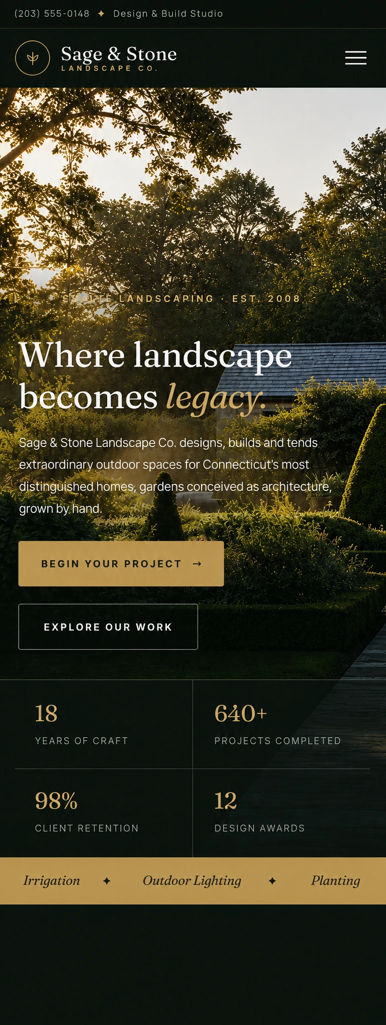 Sage and Stone landscaping website homepage on mobile
