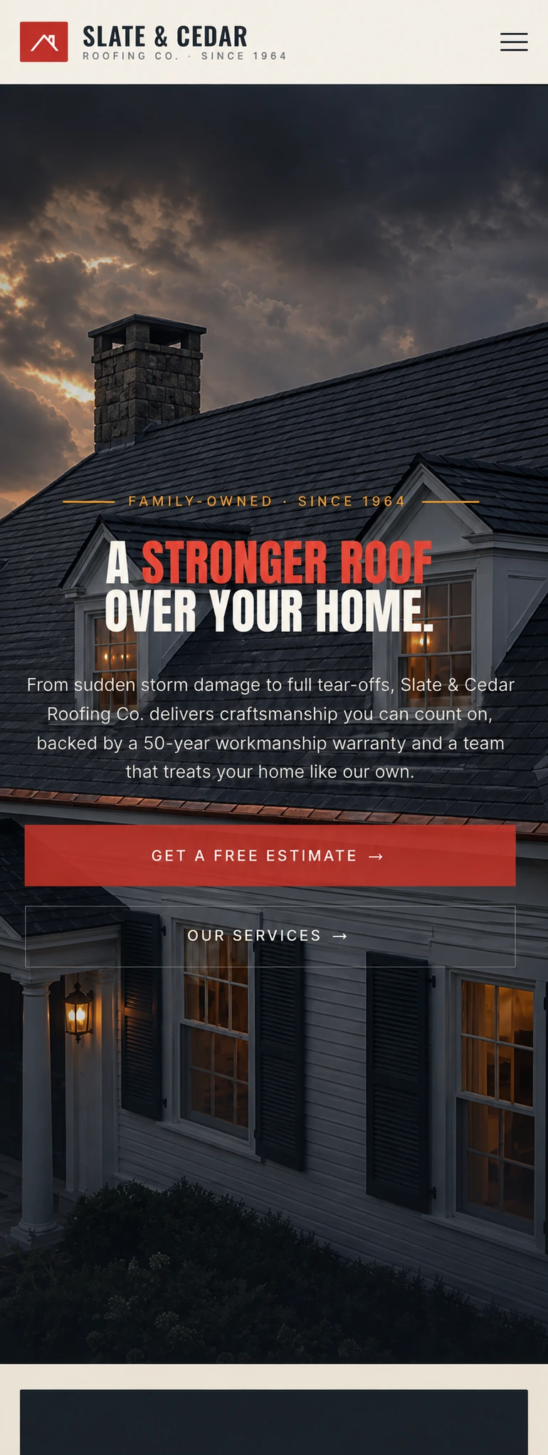Slate and Cedar roofing website homepage on mobile