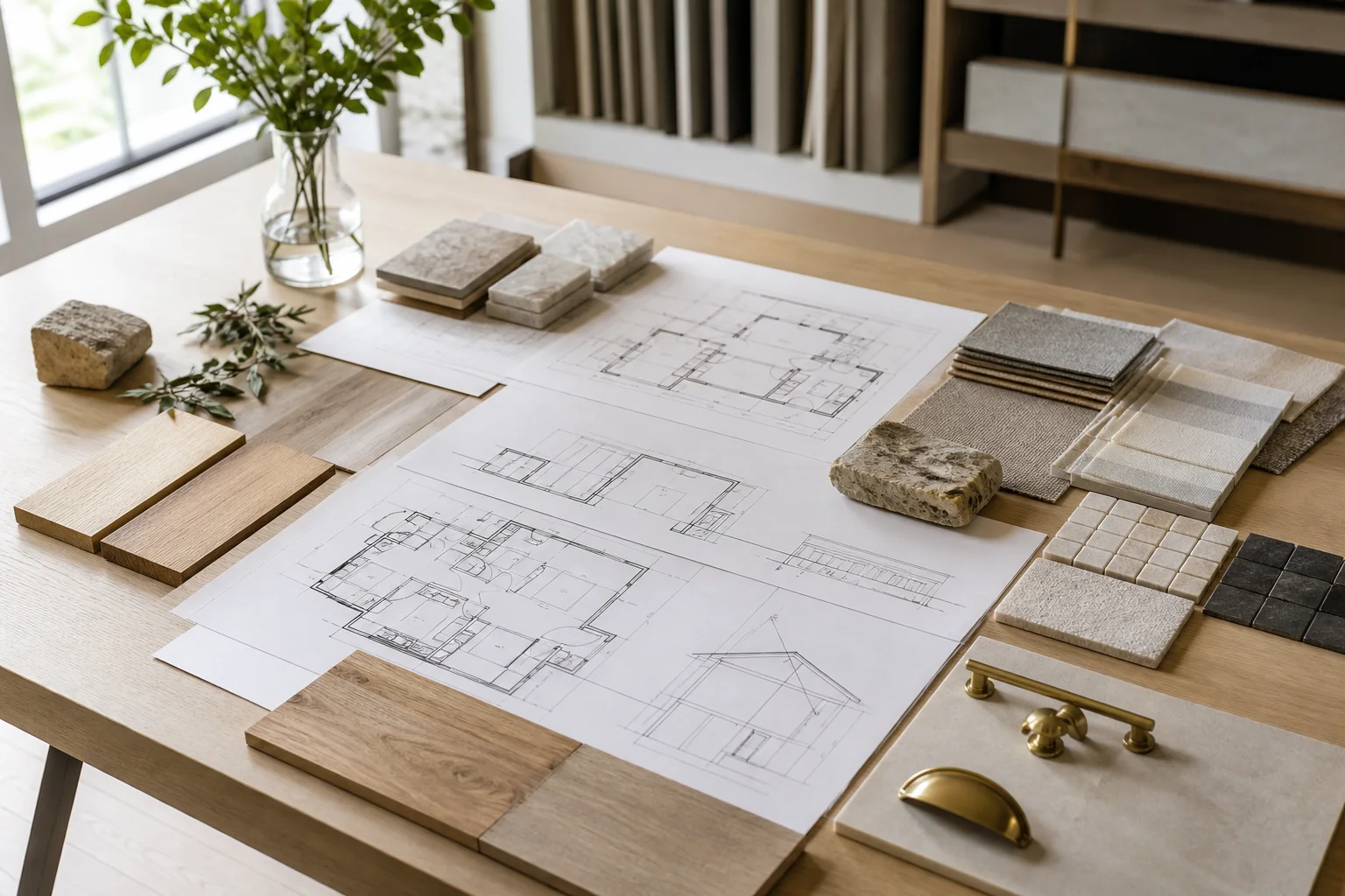 Architectural plans and finish materials on a design studio table