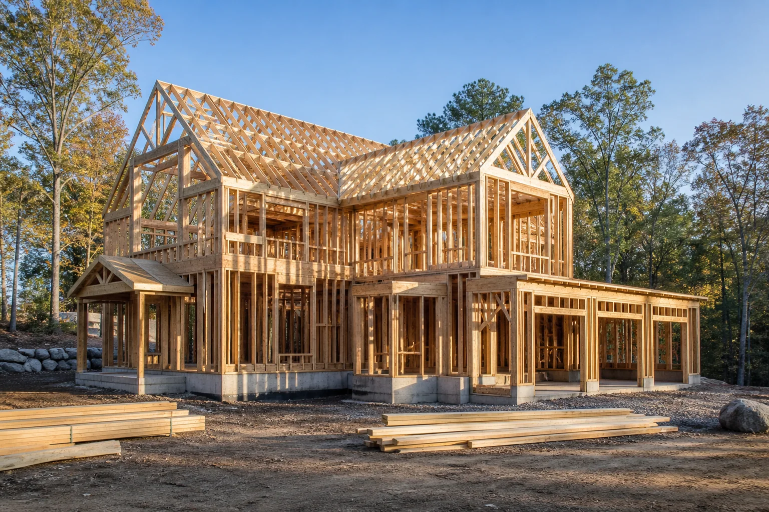 Timber-framed custom home under construction
