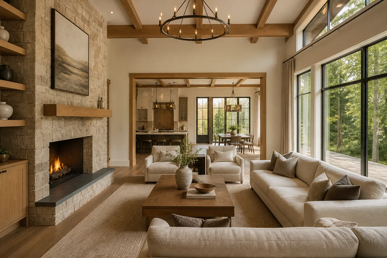 Warm modern craftsman living room with natural wood and stone
