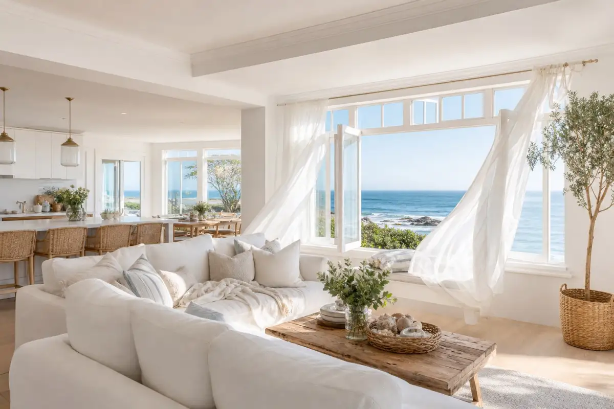 Sunlit coastal home in spring
