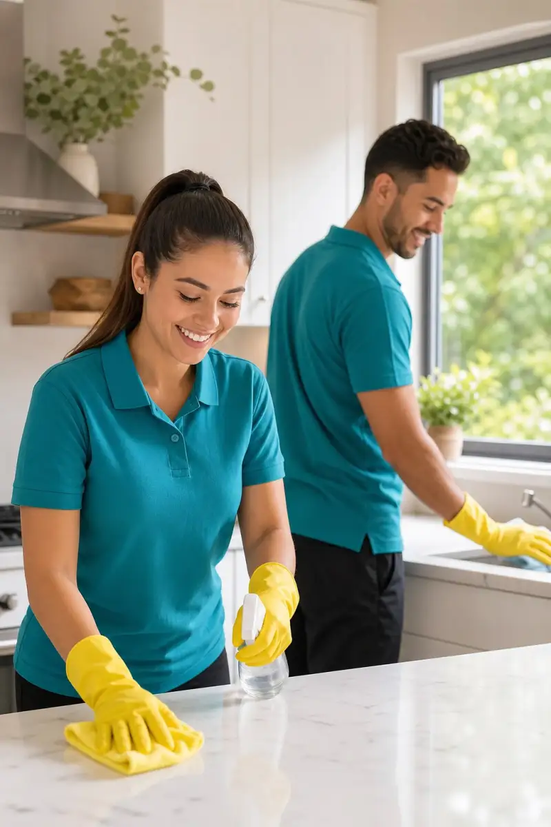 Two home cleaners wiping kitchen surfaces
