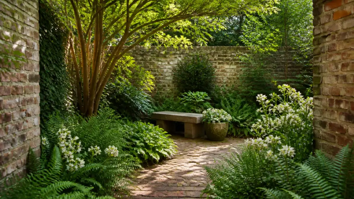 Shaded brick courtyard with ferns and flowering plants