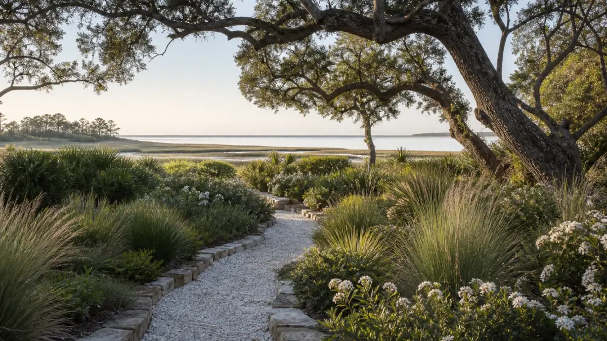 Layered coastal garden with native grasses and live oaks
