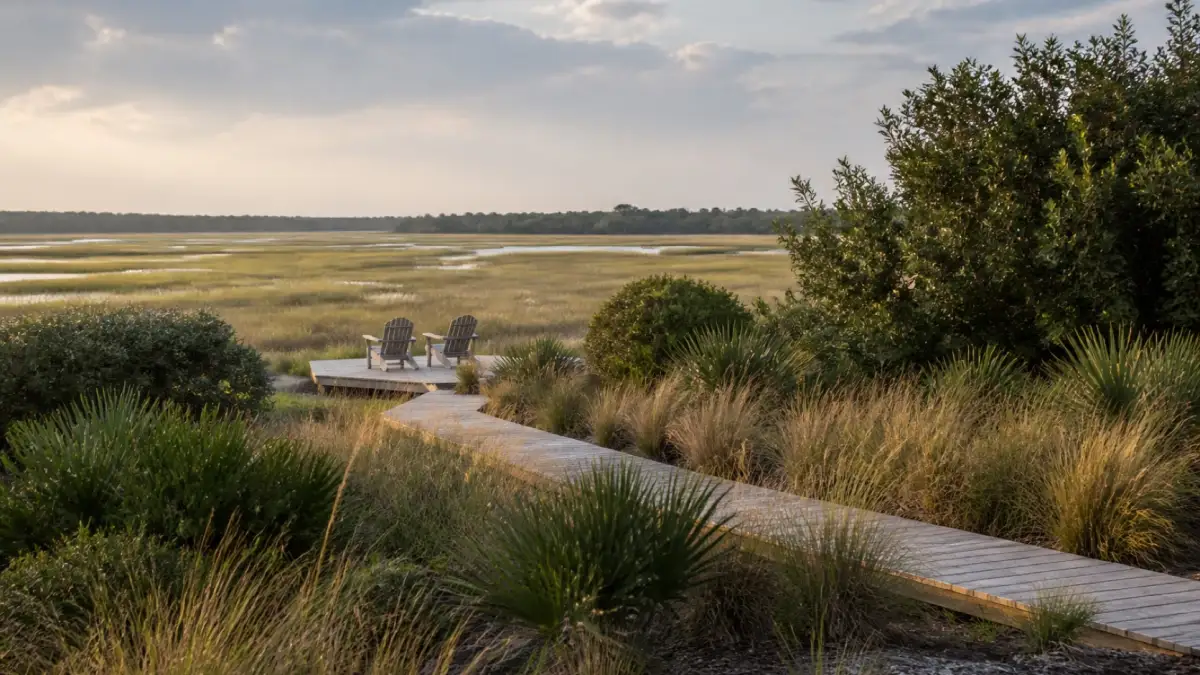 Salt-tolerant garden and boardwalk overlooking coastal marsh