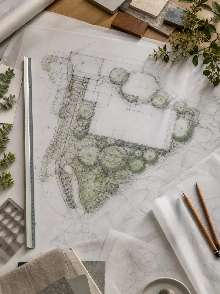 Landscape planting plan with drafting tools