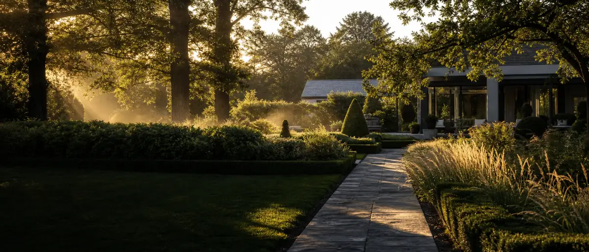 Formal estate garden at sunset
