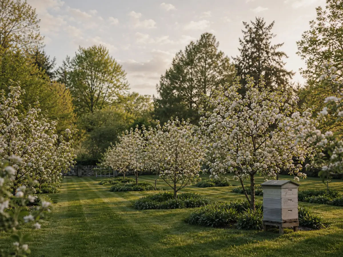 Small apple orchard in bloom with mown grass paths and beehive, spring