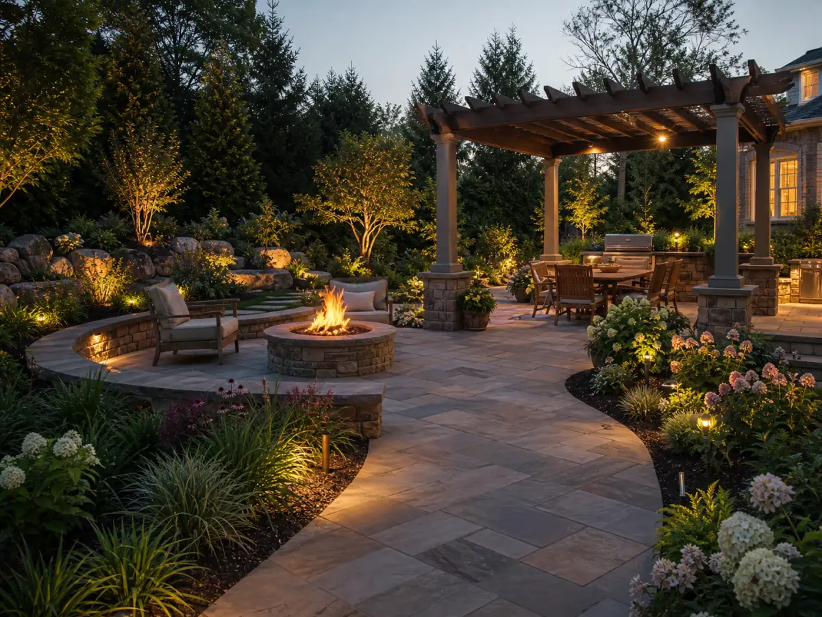 The same garden built in real life, matching the rendering, side-by-side comparison feel