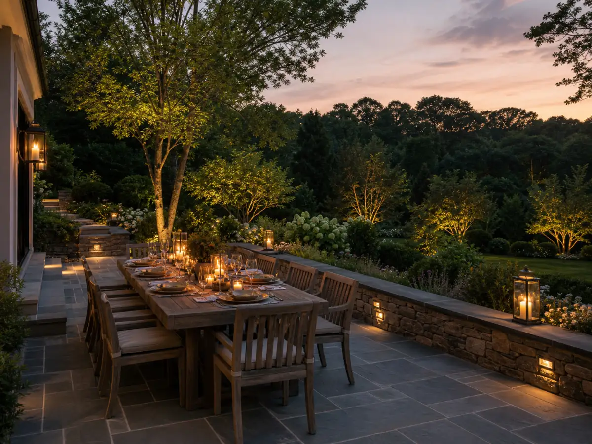 Bluestone dining terrace with long wooden table set for dinner, stone wall edge, garden views, dusk