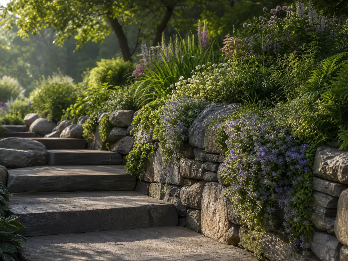 Fieldstone retaining wall with cascading perennials, stone steps descending, morning light
