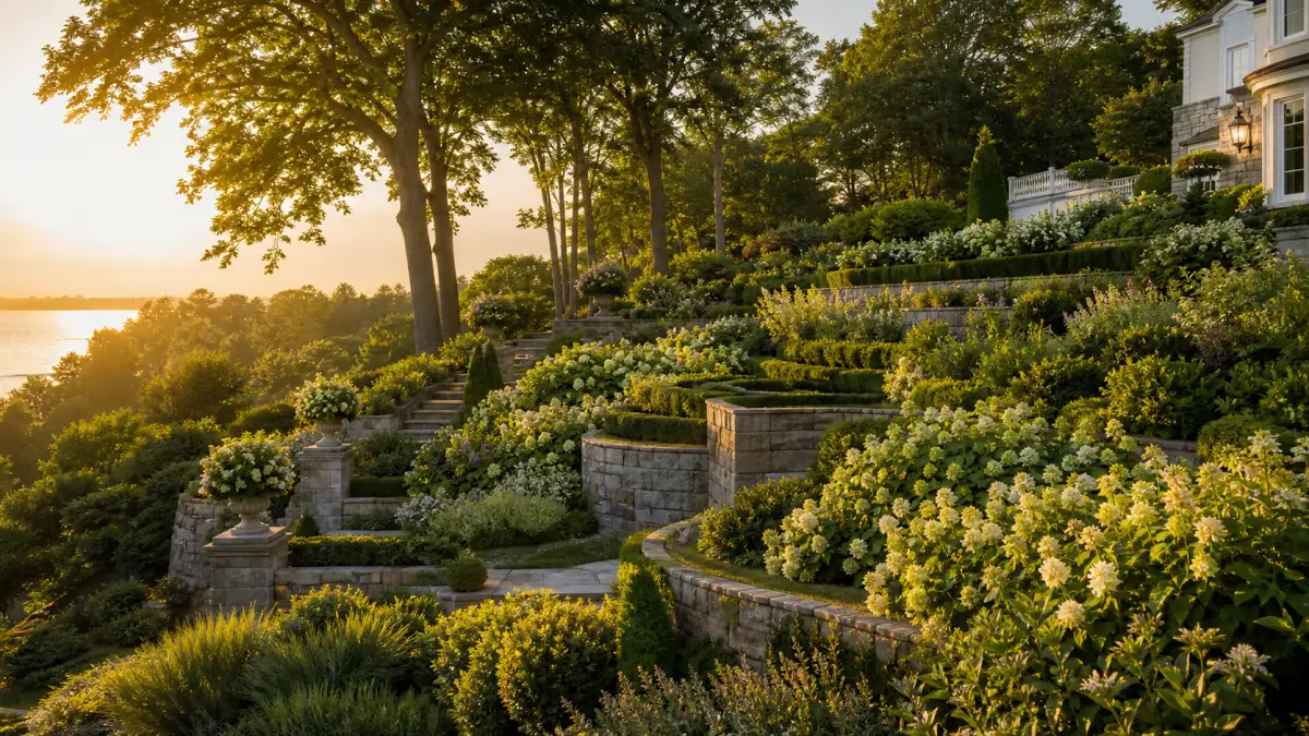 Terraced Greenwich estate garden with stone walls at golden hour