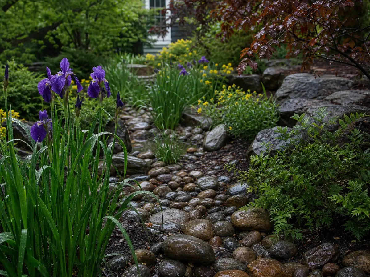 Rain garden with river stones and irises after rainfall, functional beauty
