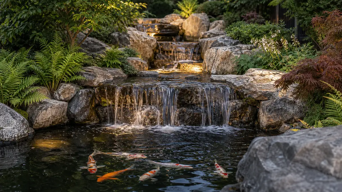 Stone waterfall koi pond
