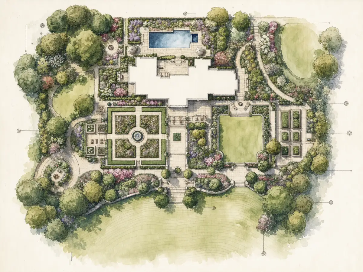 Watercolor landscape master plan drawing of an estate garden, overhead view, labeled beds