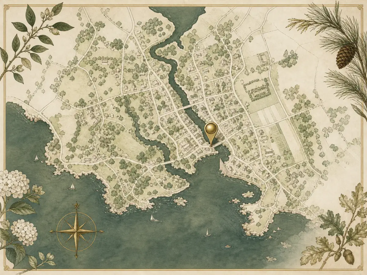 Stylized elegant map illustration of Westport Connecticut riverside studio location with a brass pin