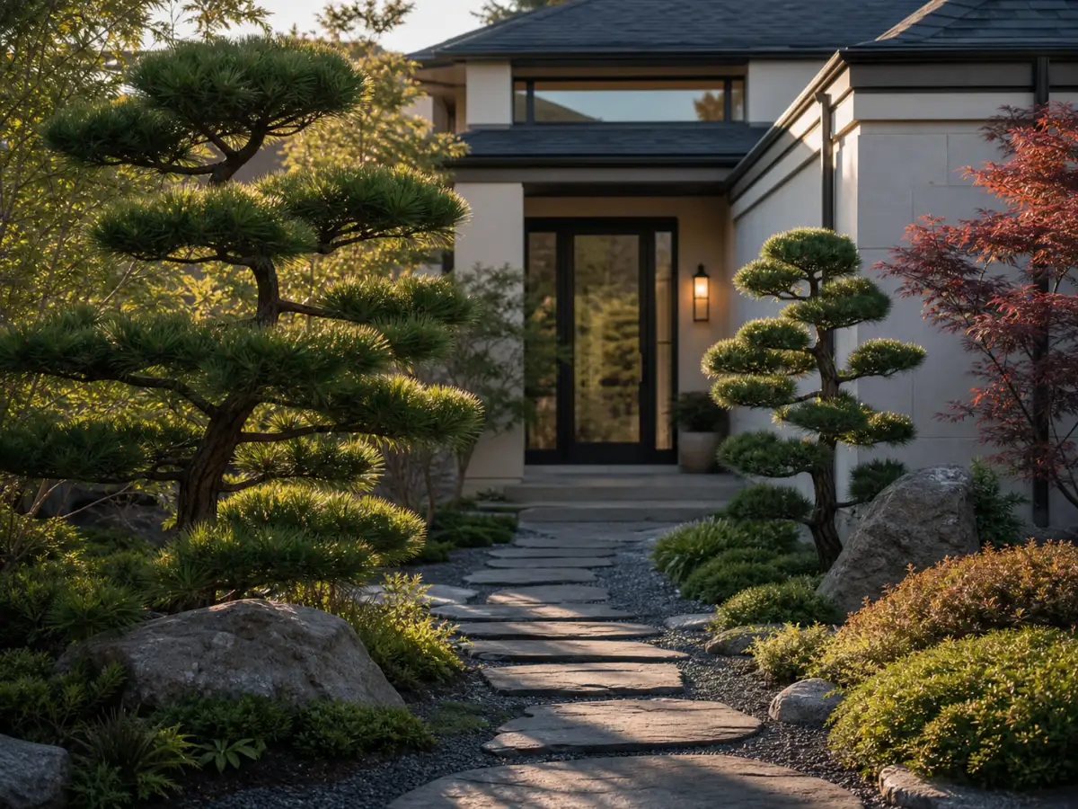 Zen entry sculpted pines