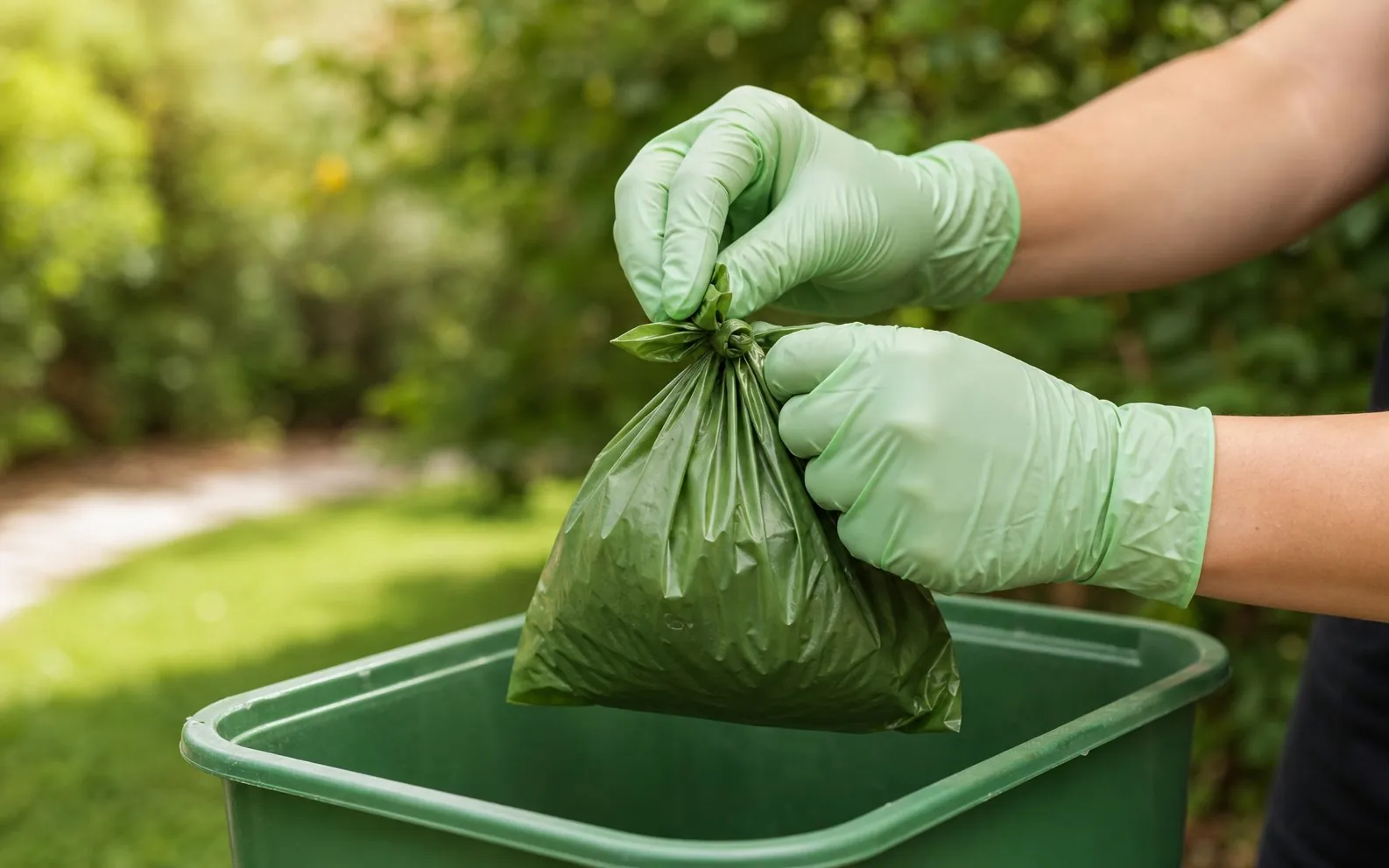 Compostable dog waste bag over a green bin