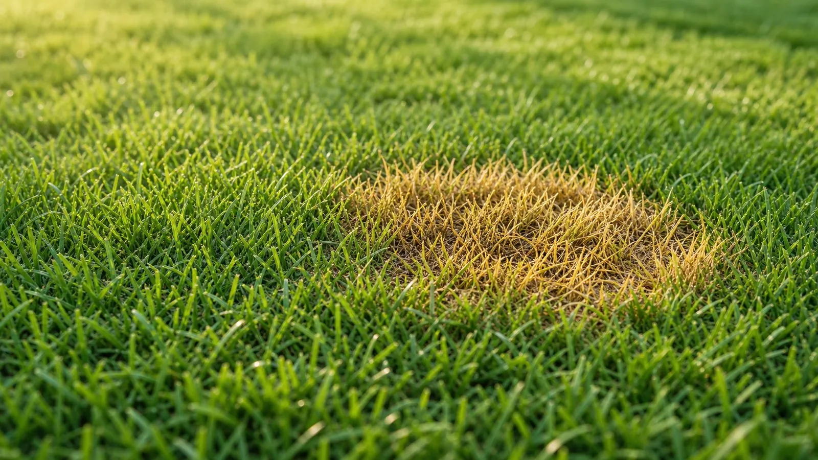 Green lawn with a yellowed patch