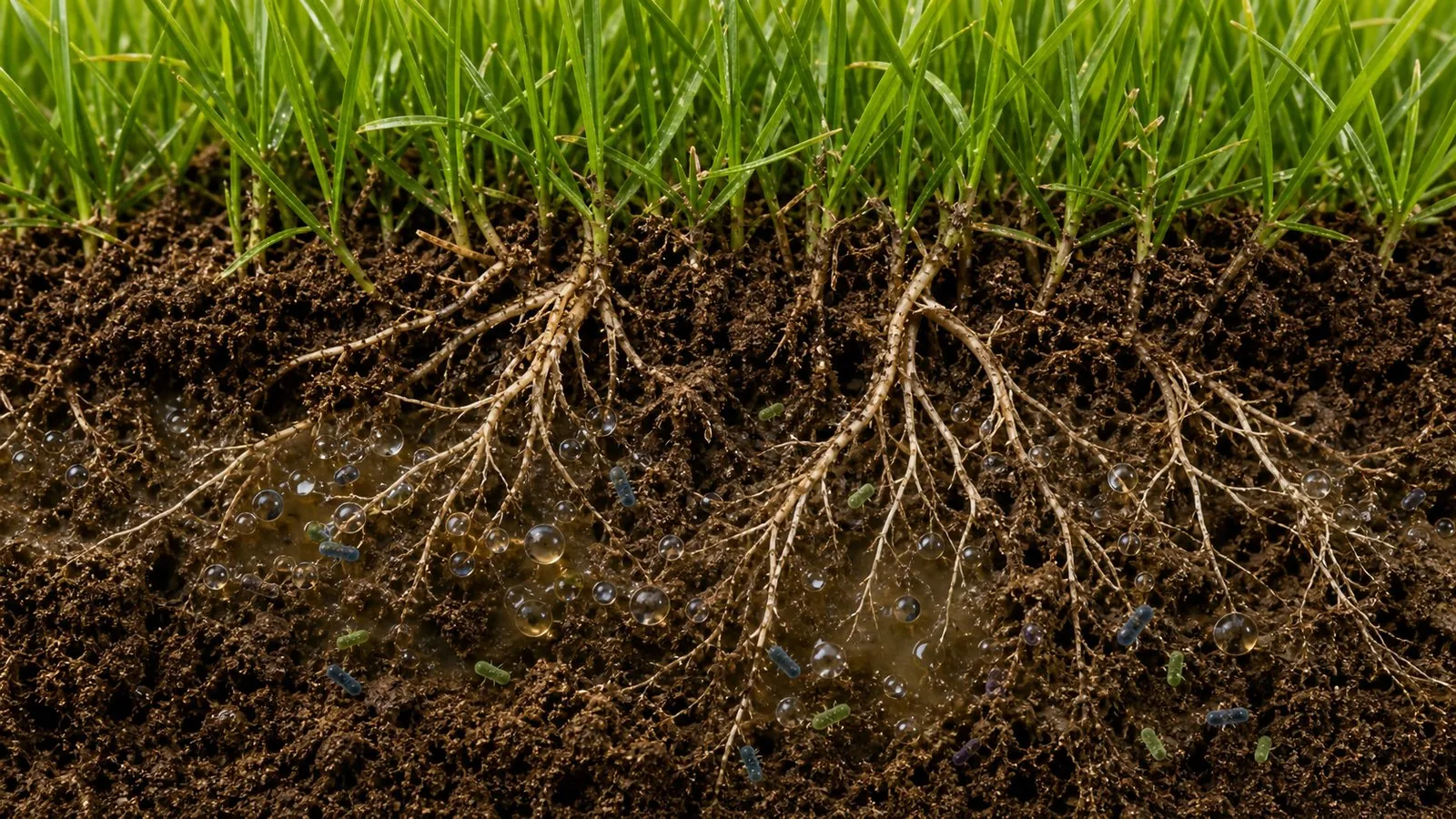 Soil cross-section beneath grass roots