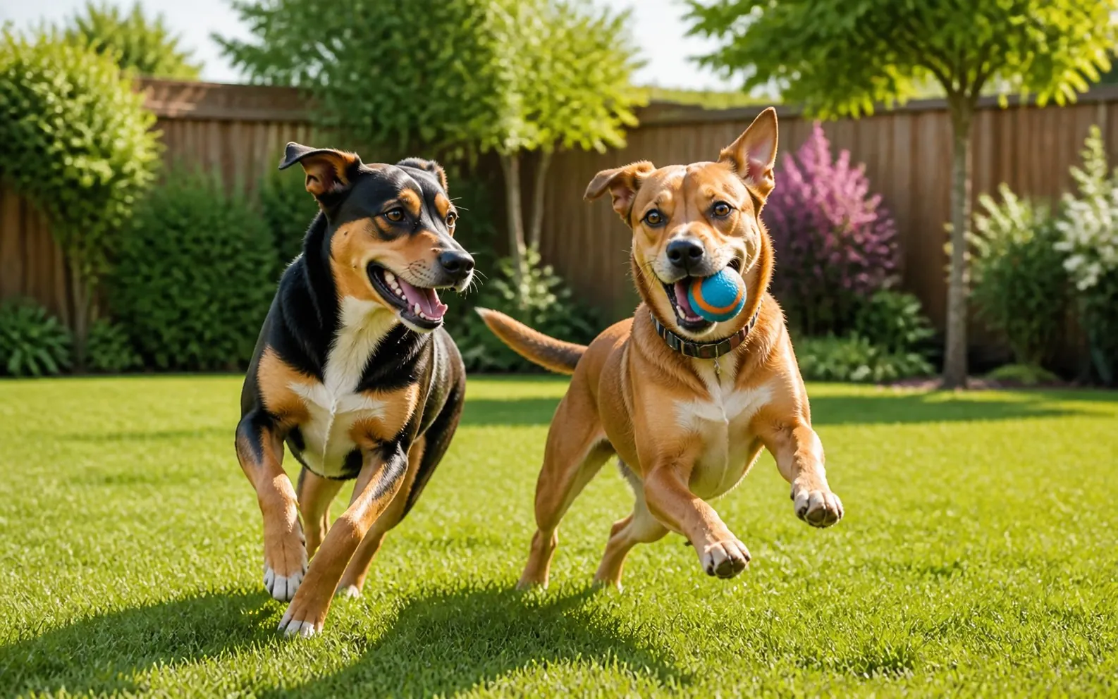 Two dogs playing on a clean lawn