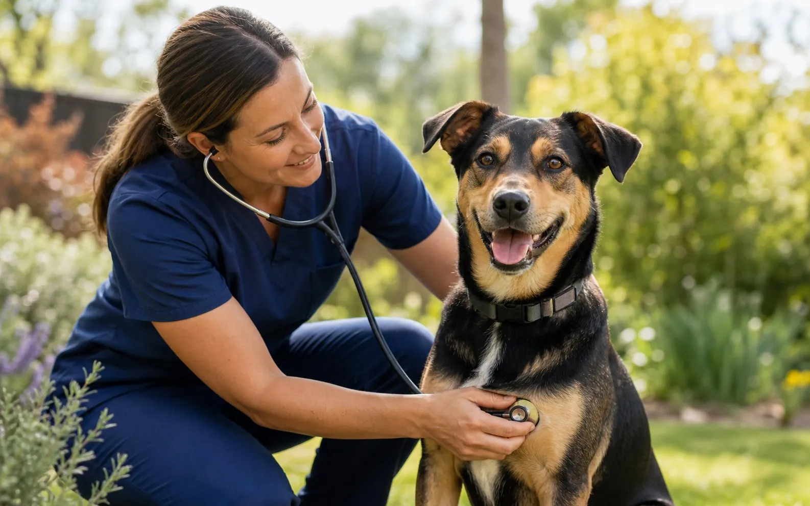 Veterinarian examining a relaxed dog outdoors