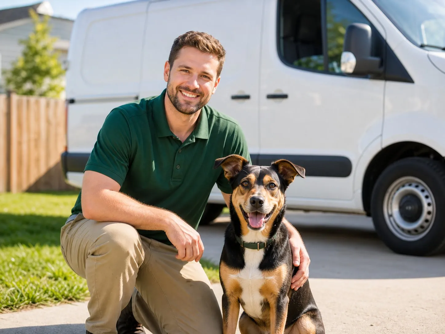 TidyTails Pet Waste Removal founder with a dog beside a service vehicle