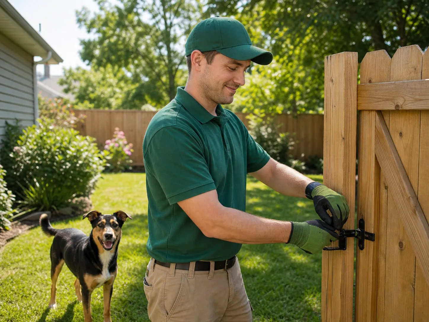 Technician checking a backyard gate latch