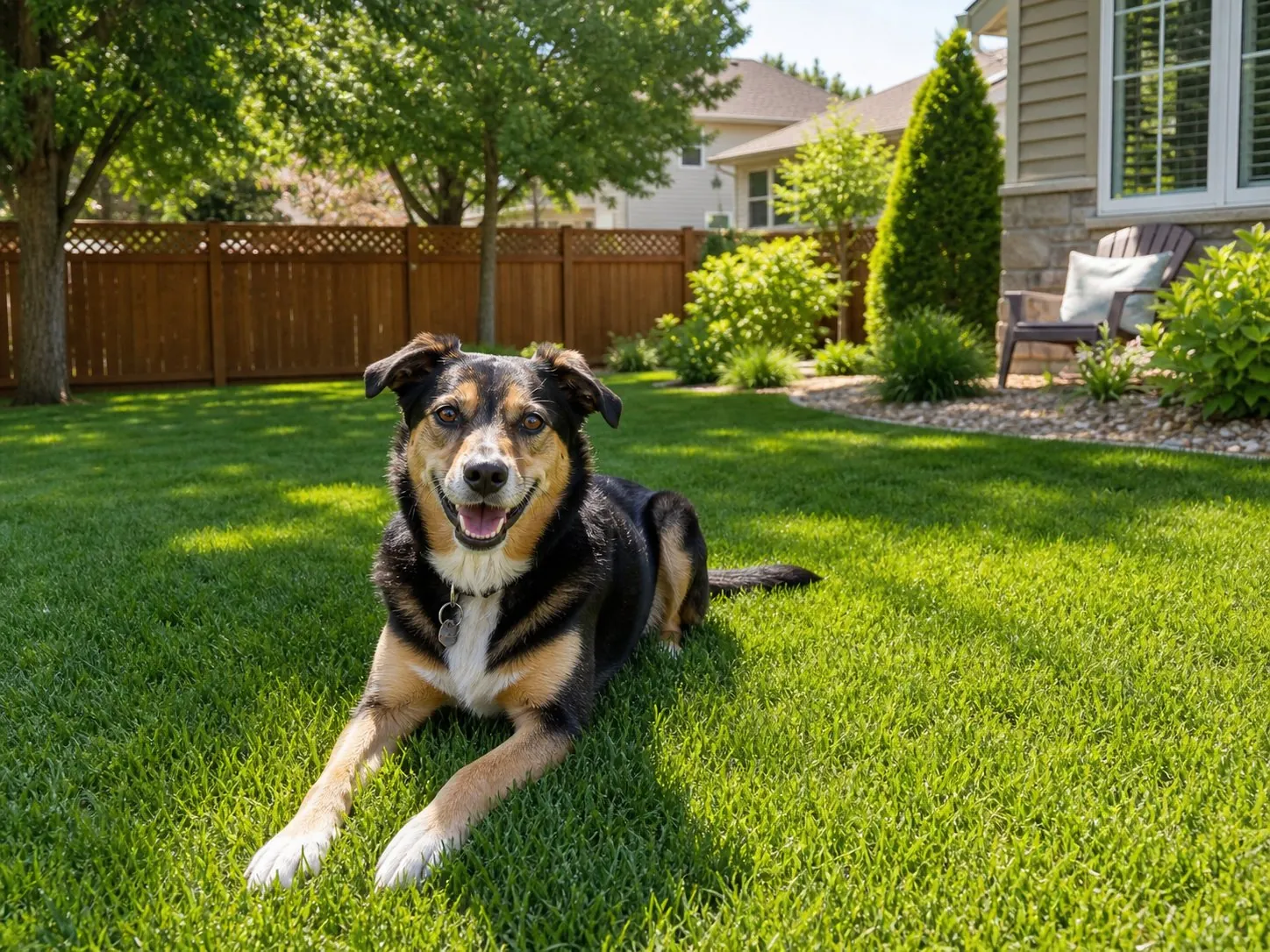 Happy dog on a healthy green lawn