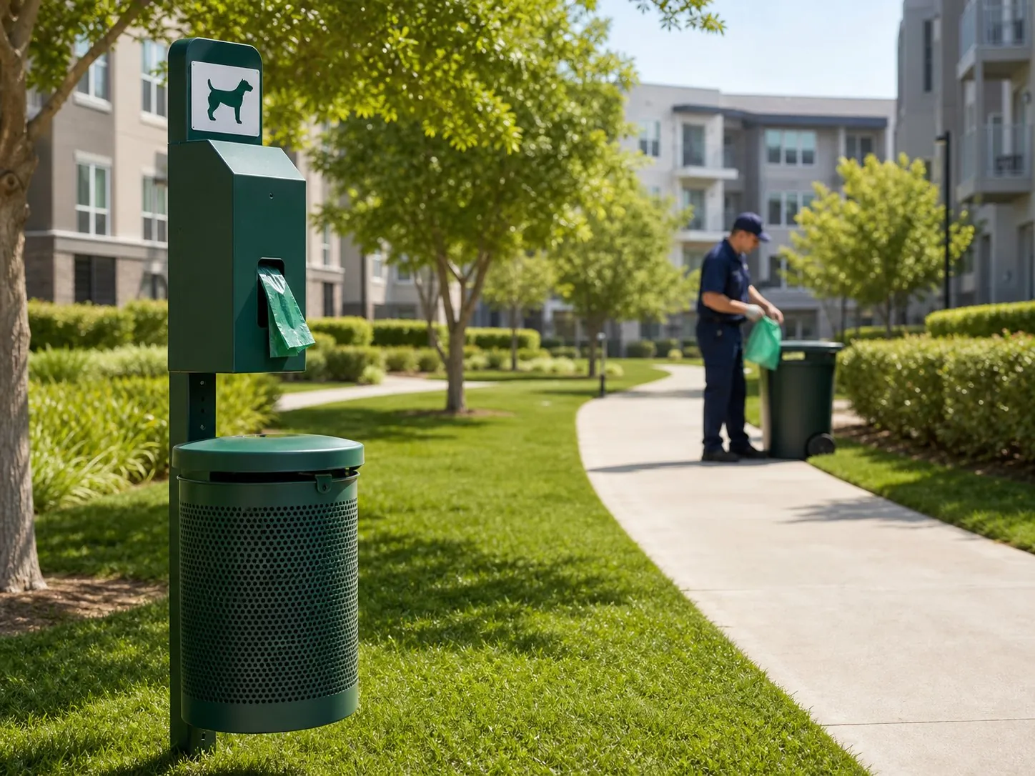 Clean community courtyard with pet waste station