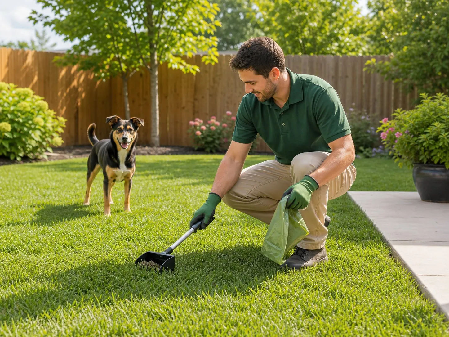 Technician cleaning a residential backyard