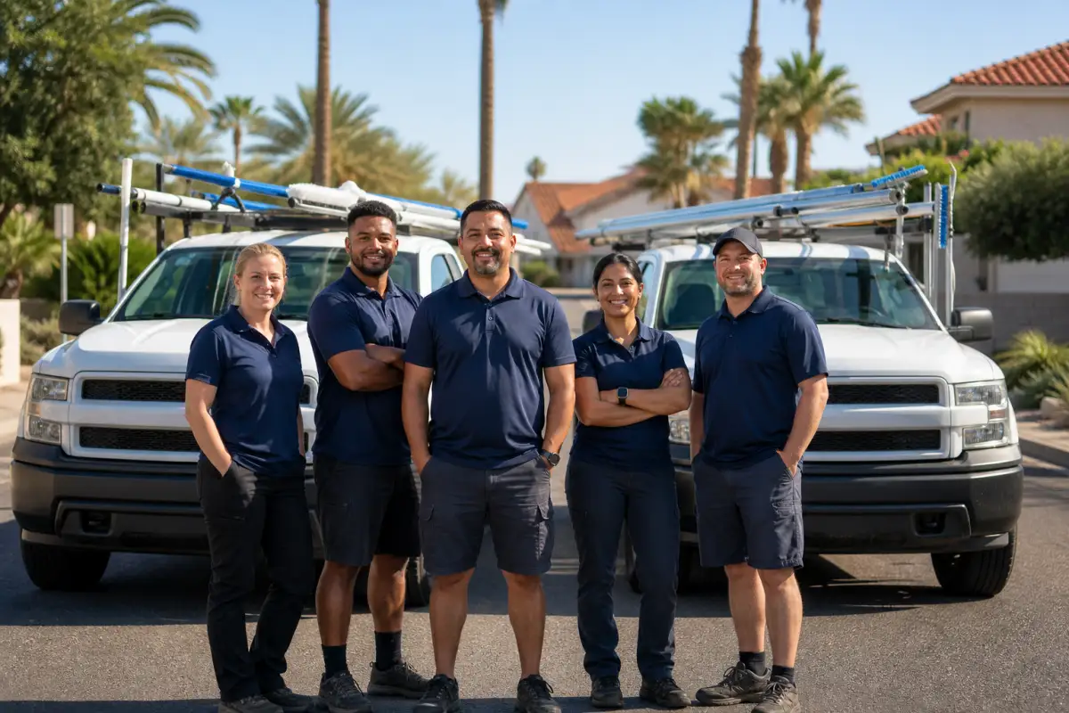 The Pebble & Palm Pool Co. crew with service trucks