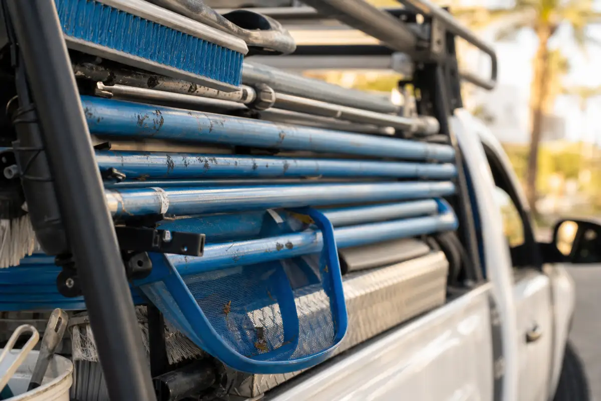 Close-up of pool cleaning tools on a truck