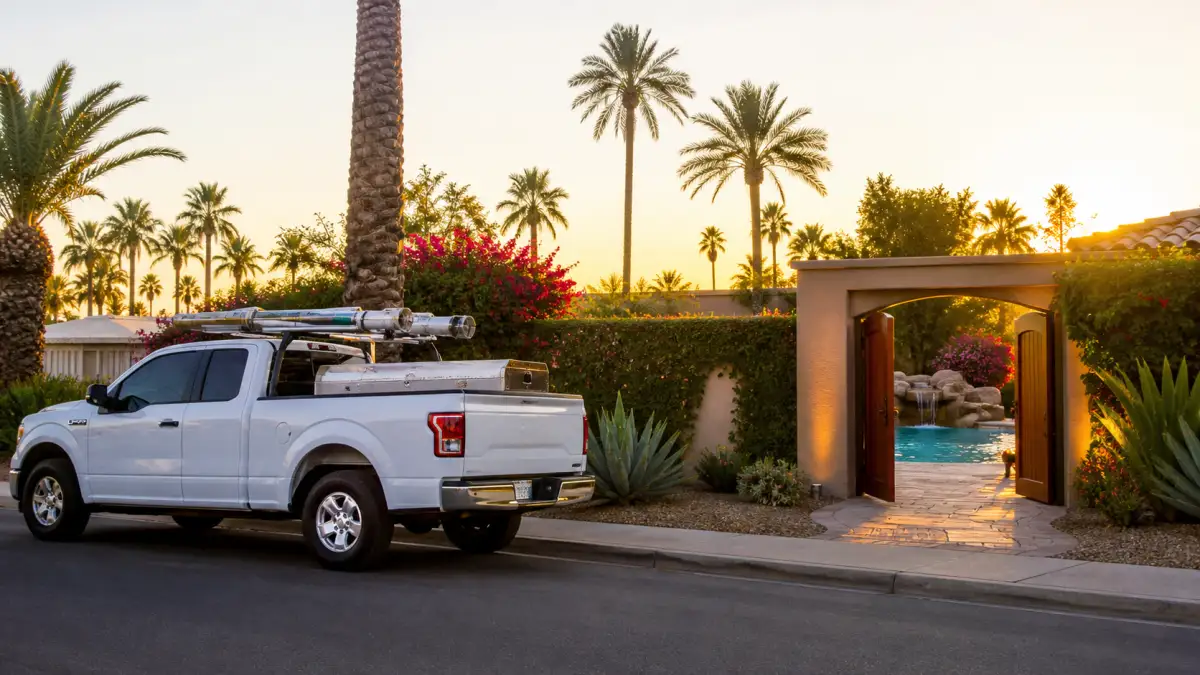 Pool tech waving from a service truck at sunset