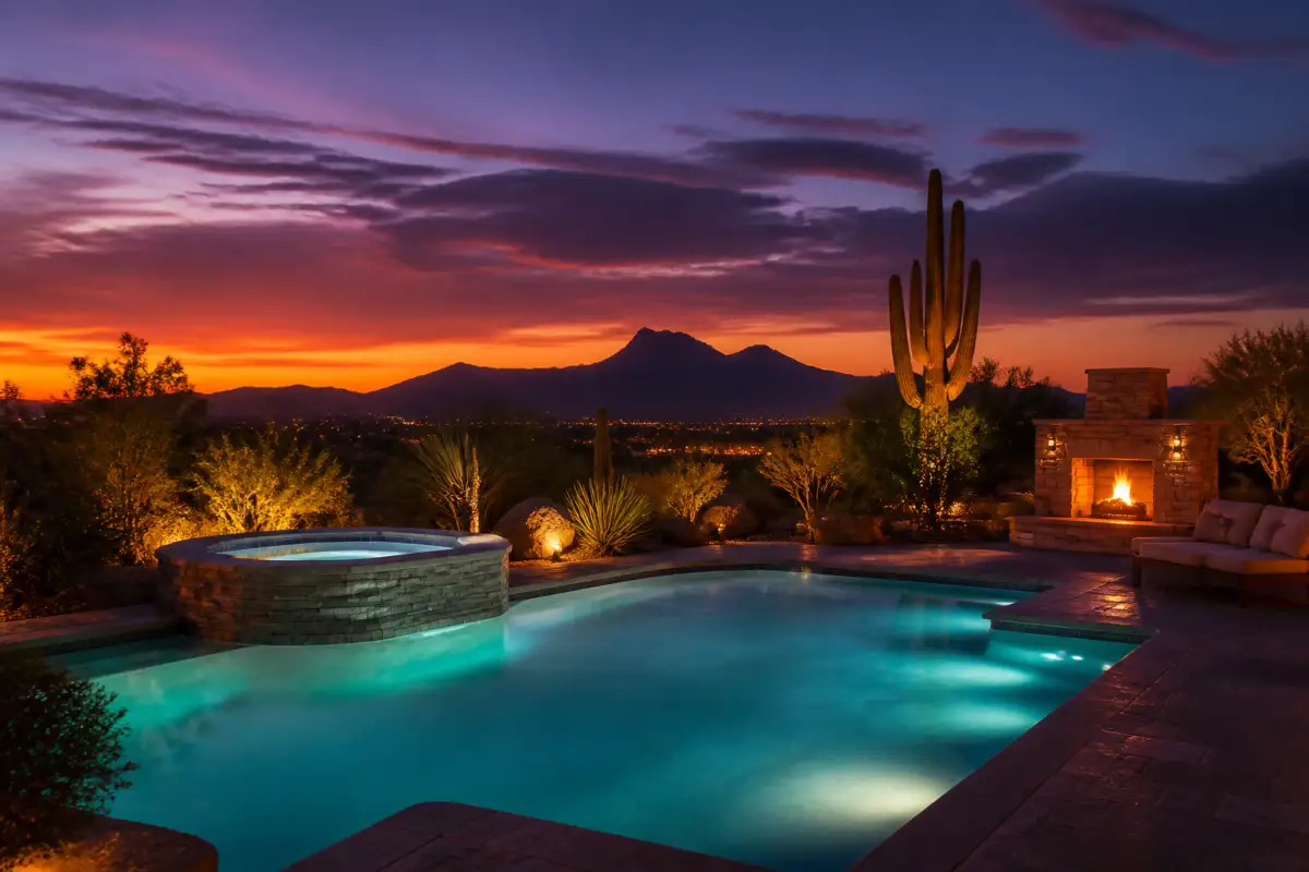 Scottsdale pool at dusk with mountain silhouette