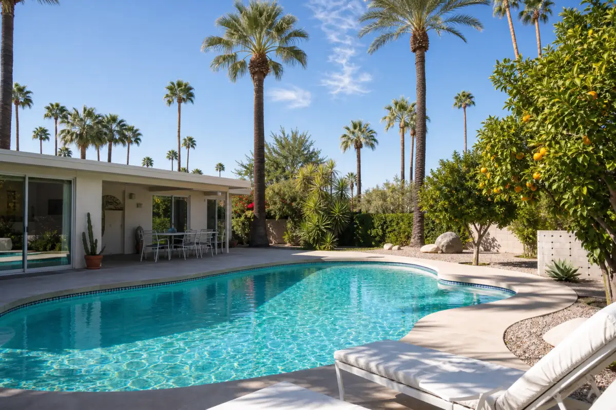Phoenix backyard pool with palms