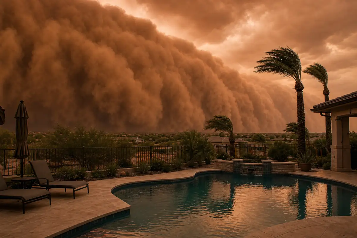 Monsoon storm rolling toward a backyard pool