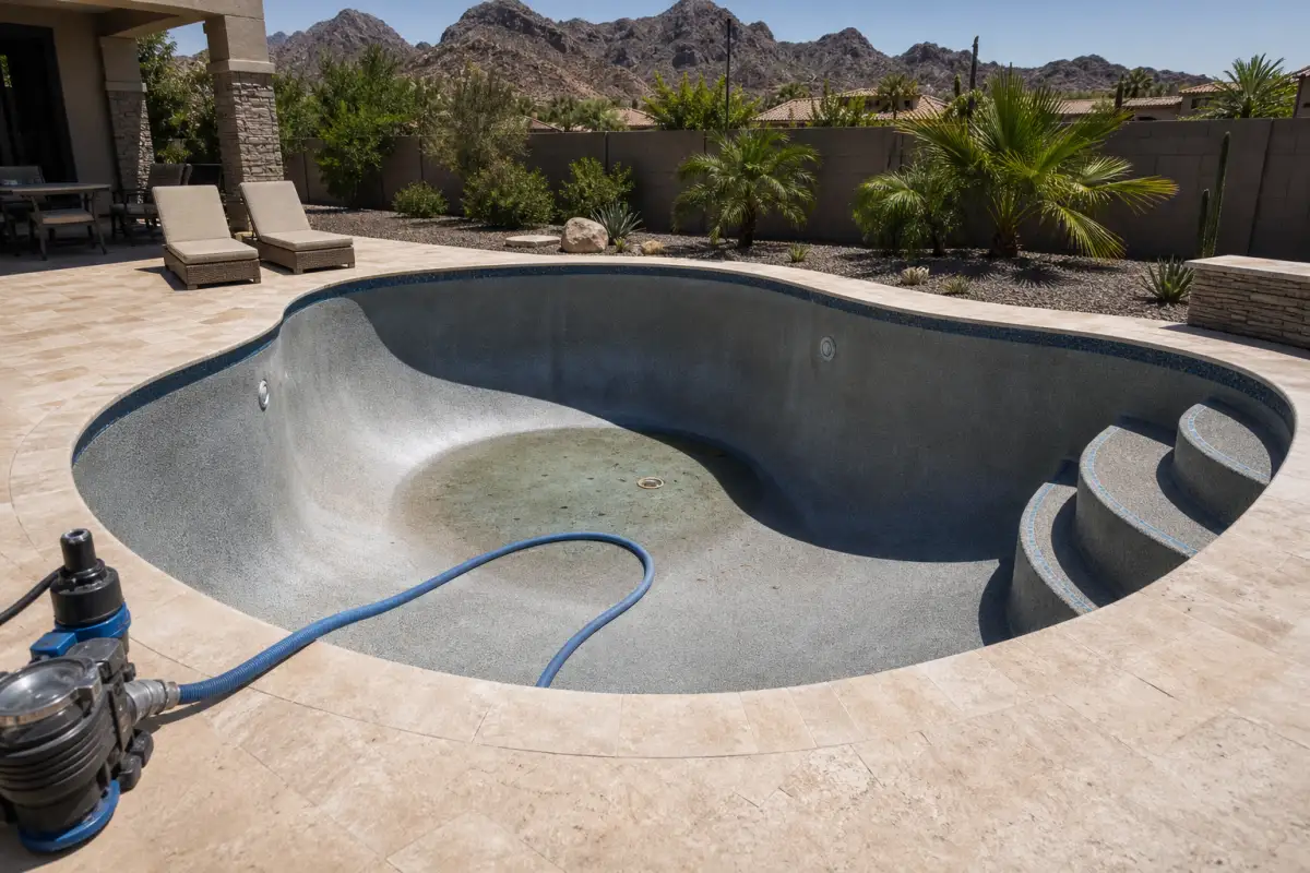 Pool being drained with discharge hose