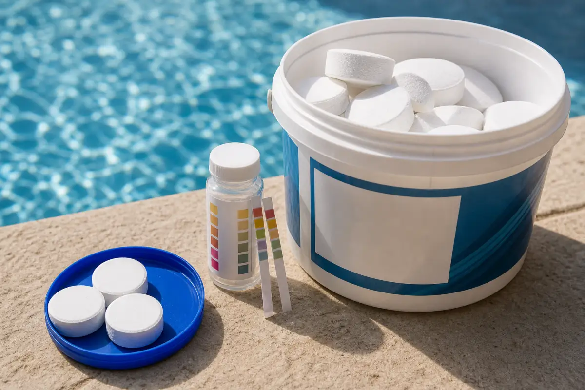 Chlorine tablets and test strips on pool deck