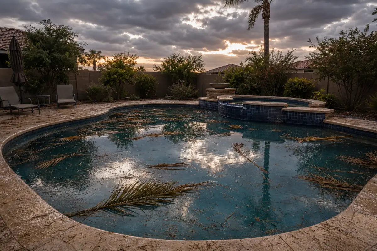 Palm fronds floating in pool after storm
