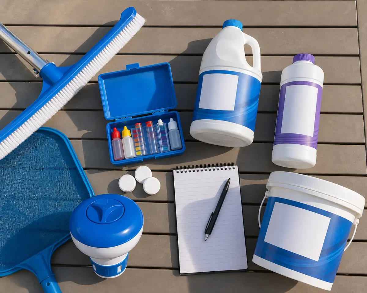 Pool care supplies and calculator on a table