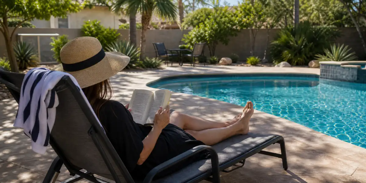 Relaxed reading by a sparkling pool