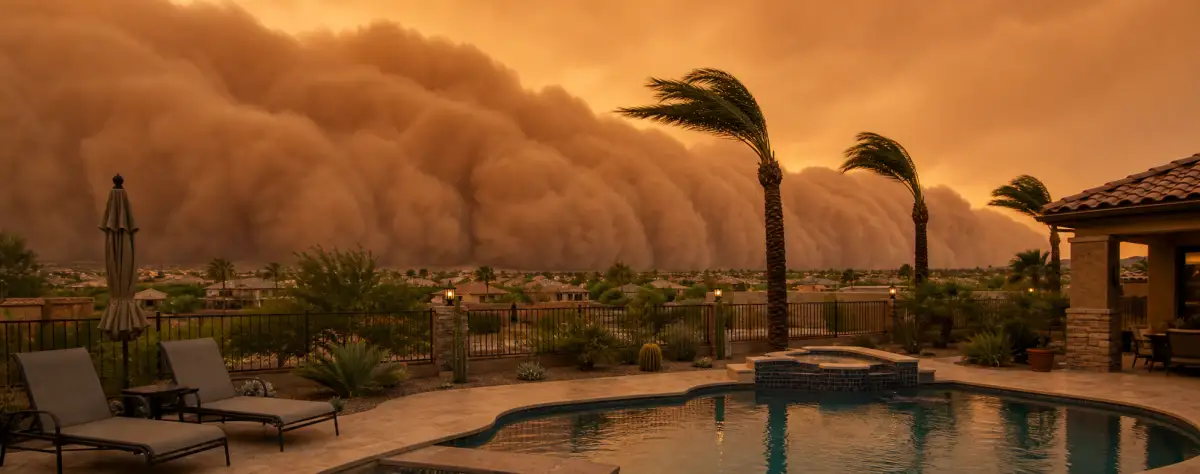 Dust storm wall approaching a backyard pool